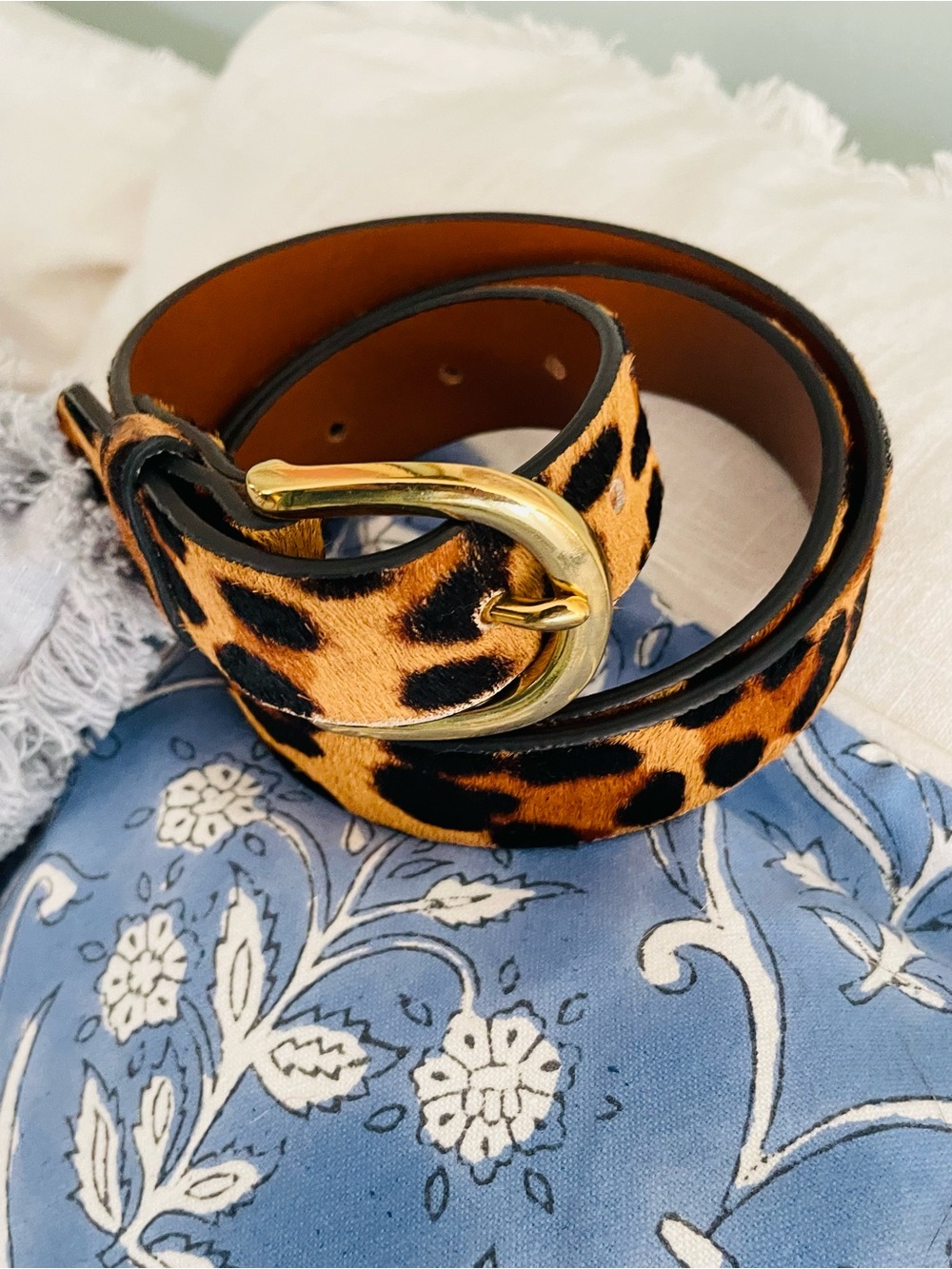 J. Crew Leopard Haircalf Belt with Gold Buckle